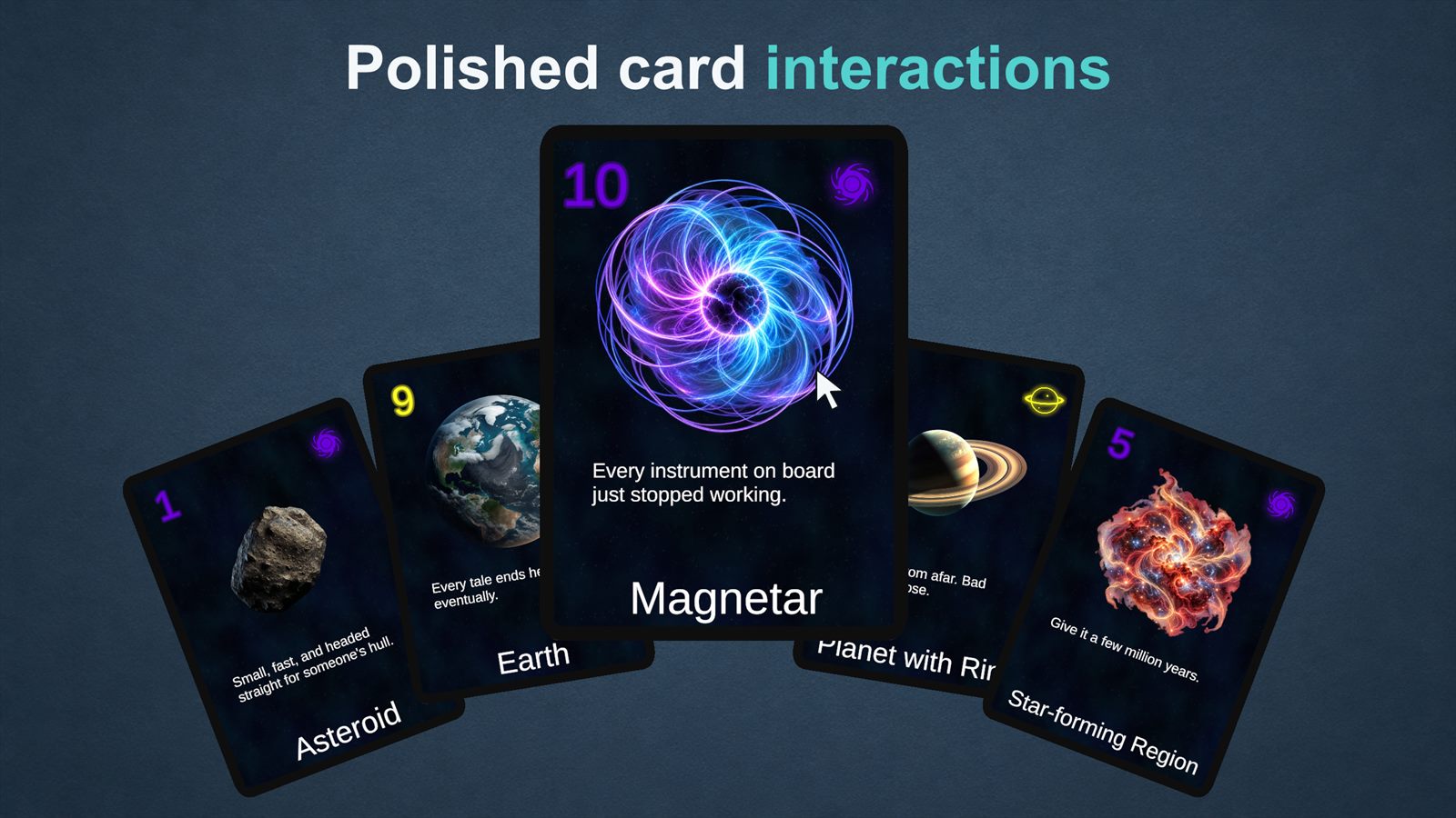 Captioned "Polished card interactions": the mouse pointer hovers the centre card of a fanned hand, which lifts and grows above its neighbours.