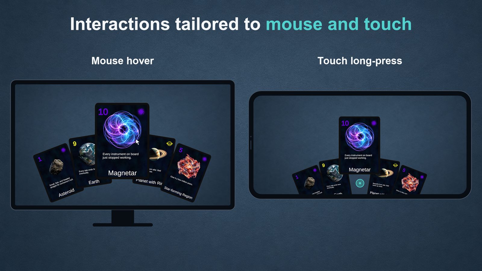 Captioned "Interactions tailored to mouse and touch": the same hand on a desktop monitor with mouse hover, and on a phone with a touch long-press preview.